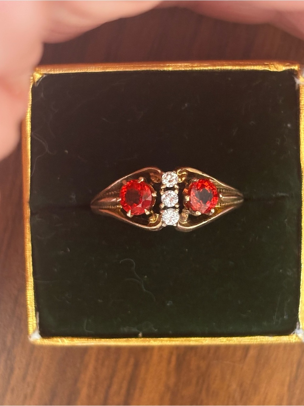 10k antique Victorian solid gold ring with orange sapphire and white stones